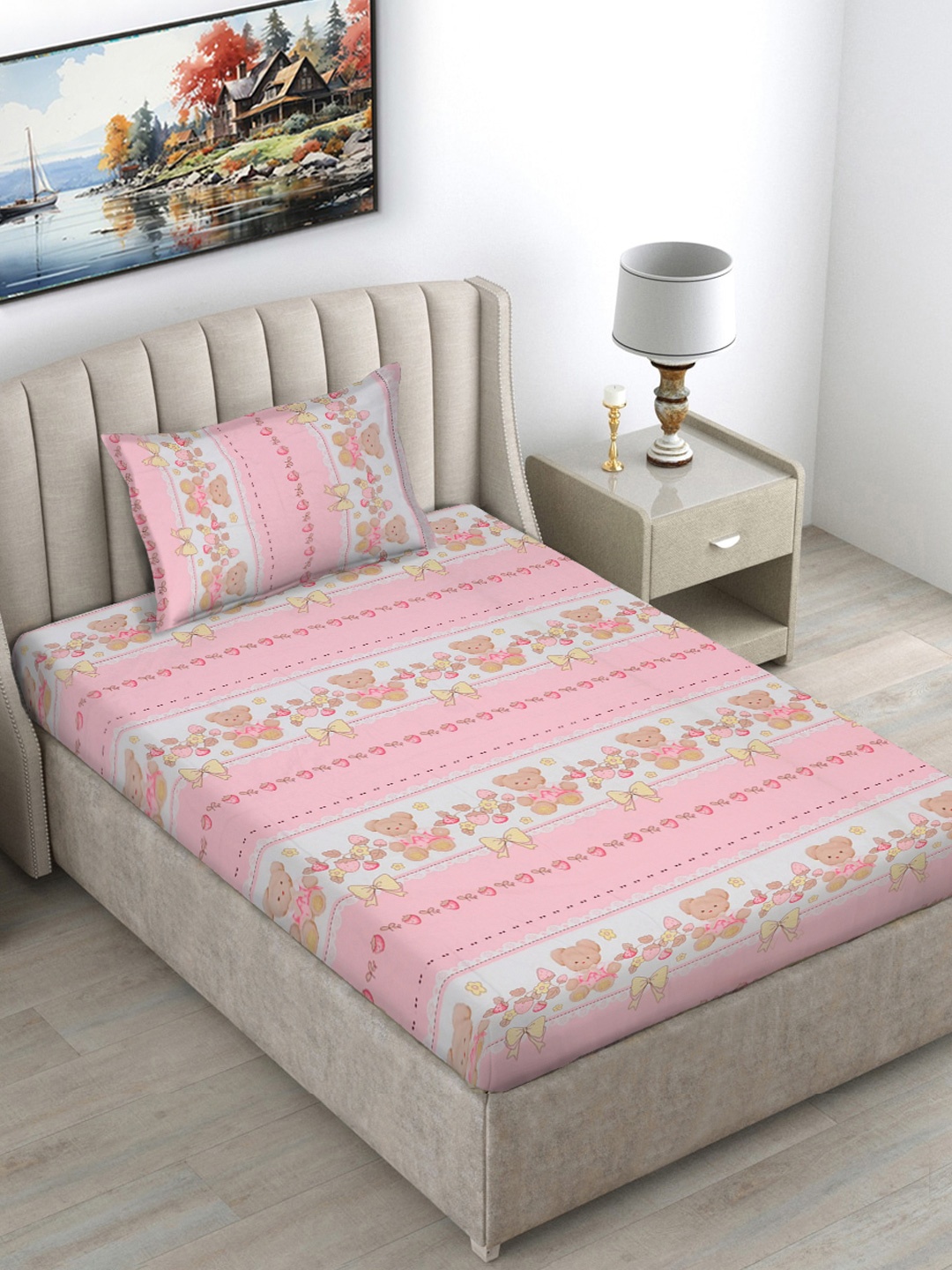 

FABINALIV Pink & White Printed 300 TC Single Bedsheet With 1 Pillow Cover