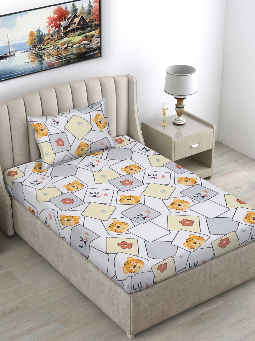 

FABINALIV White & Grey Printed 300 TC Single Bedsheet With 1 Pillow Cover