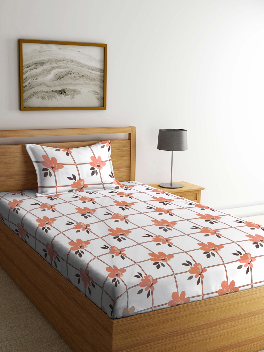 

FABINALIV White & Orange Floral Printed 300 TC Single Bedsheet With 1 Pillow Cover