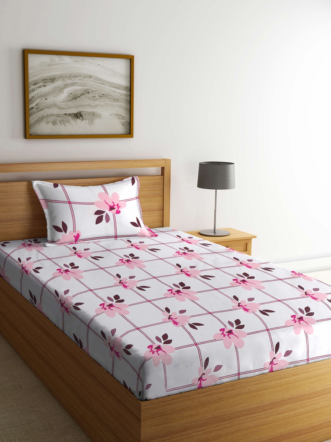 

FABINALIV Pink & White Floral Printed 300 TC Single Bedsheet With 1 Pillow Cover