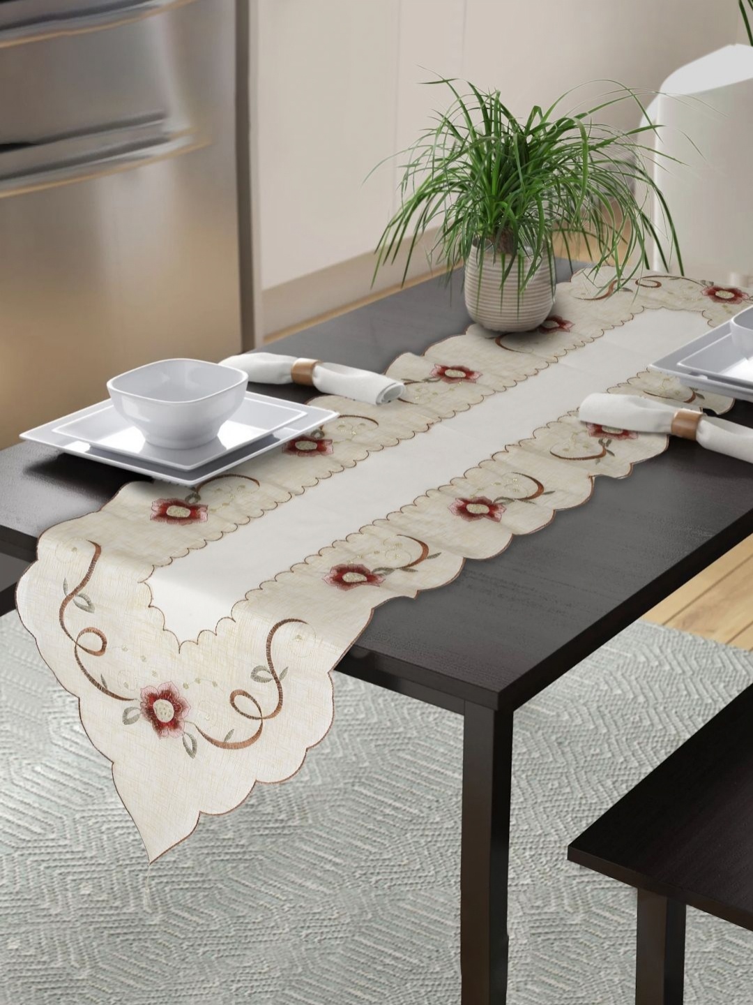 

HOSTA HOMES Beige & Red Floral Printed Table Runner