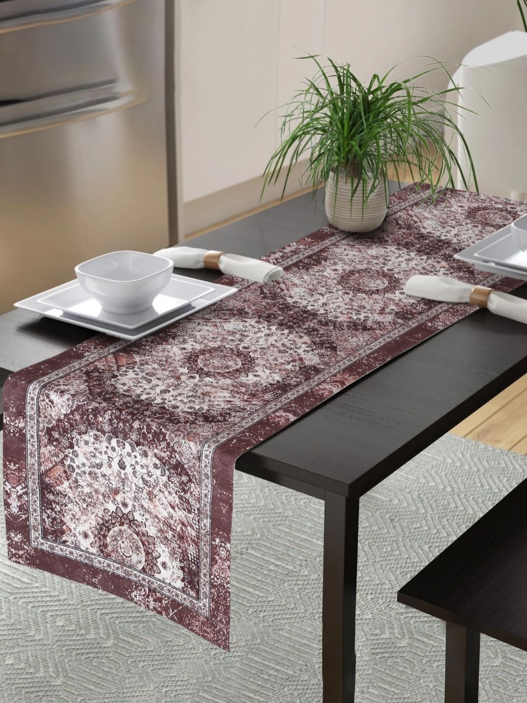 

HOSTA HOMES Maroon & White Ethnic Motifs Printed Velvet Table Runner