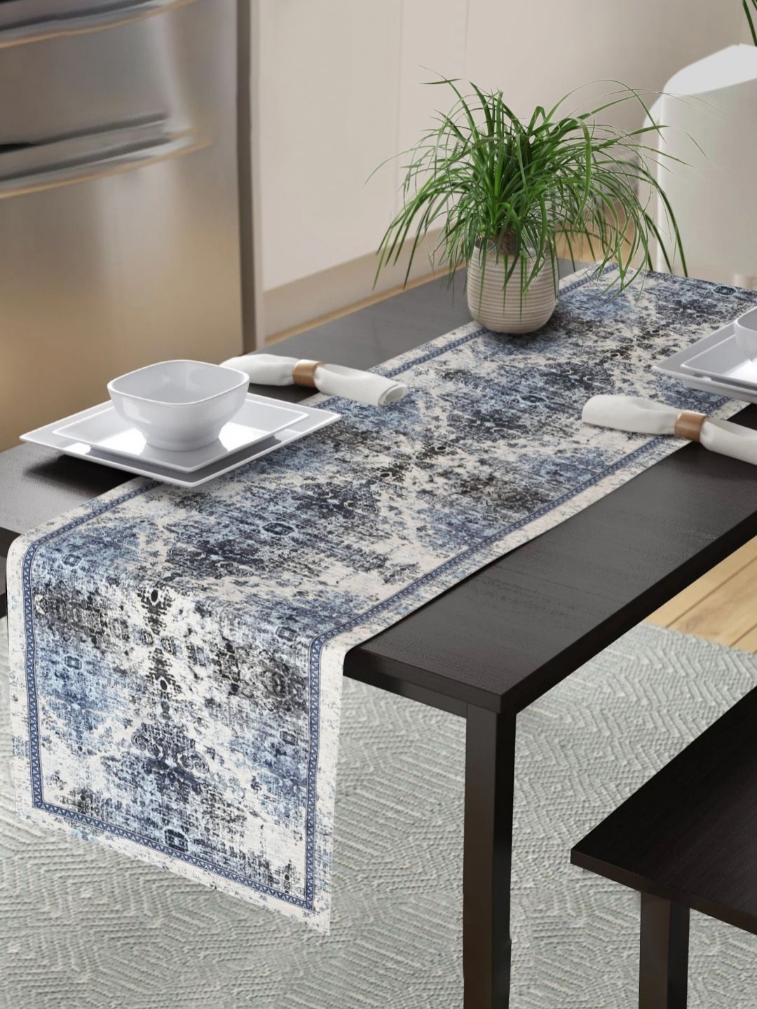 

HOSTA HOMES White & Blue Abstract Printed Velvet Table Runner