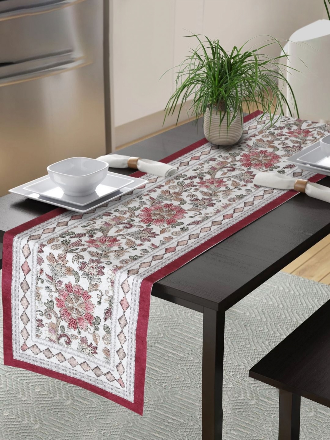 

HOSTA HOMES White & Brown Floral Printed Velvet Table Runner