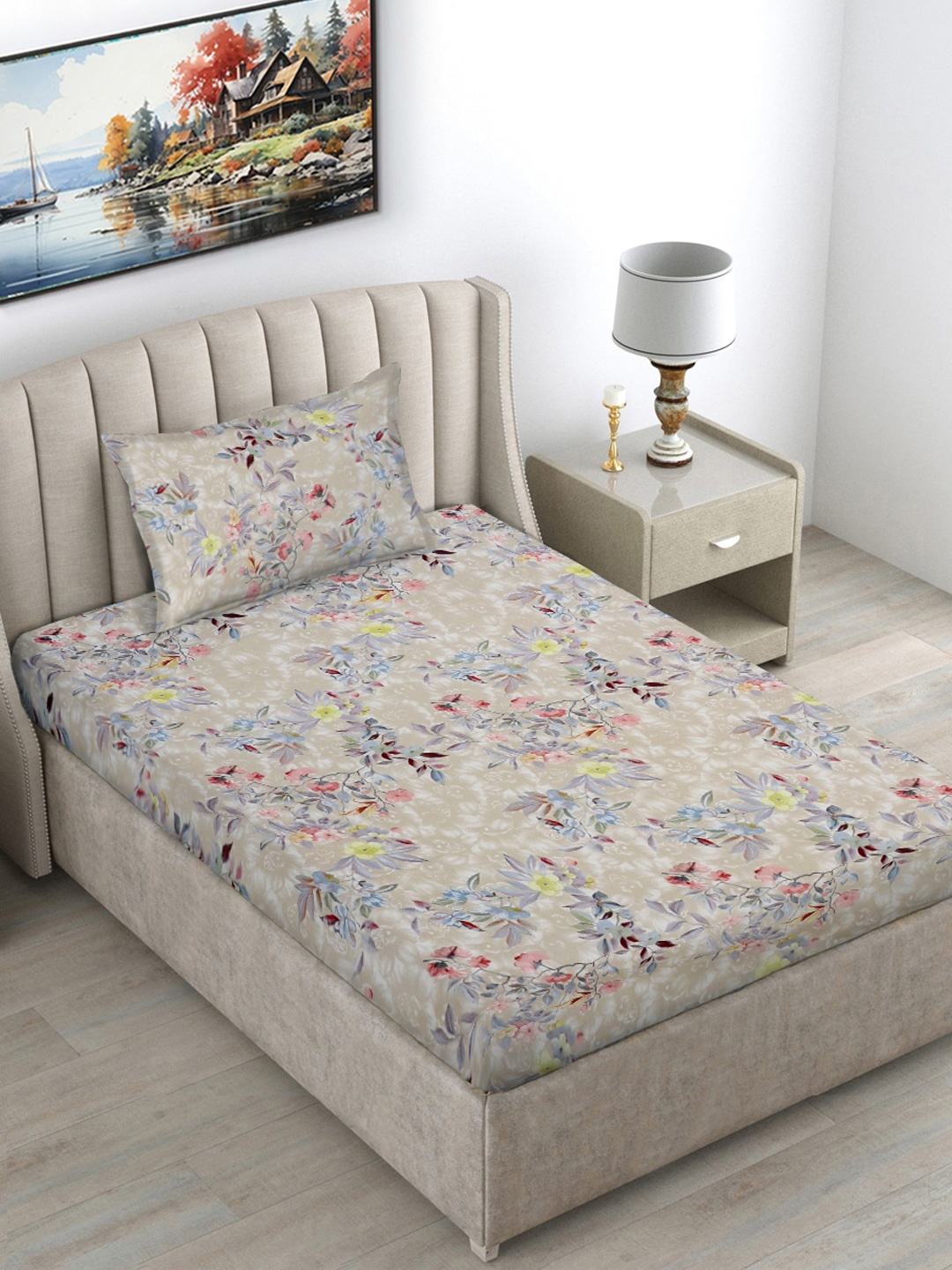 

FABINALIV Beige & Grey Floral Printed 300 TC Single Bedsheet With 1 Pillow Cover