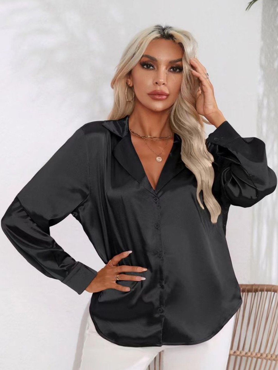 

StyleCast Women Satin Opaque Long Sleeves Casual Shirt, Black