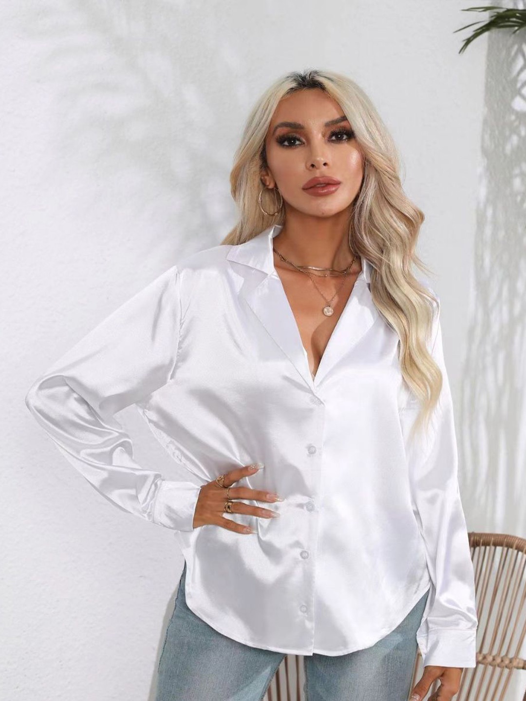 

StyleCast Women Satin Opaque Long Sleeves Casual Shirt, White