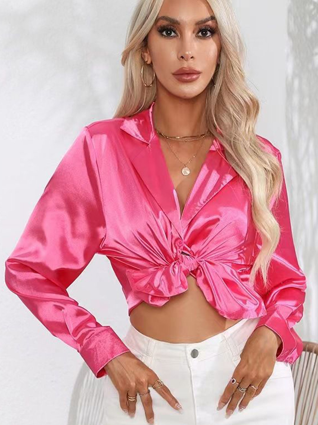 

StyleCast Women Satin Opaque Long Sleeves Casual Shirt, Pink