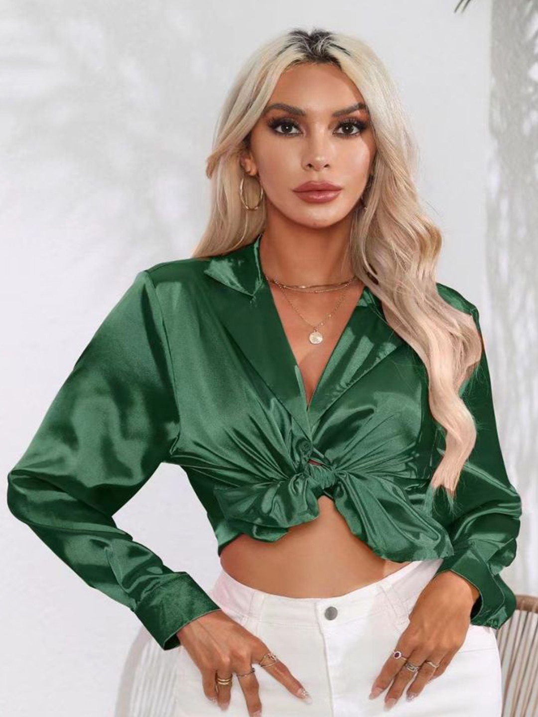 

StyleCast Women Satin Opaque Long Sleeves Casual Shirt, Green