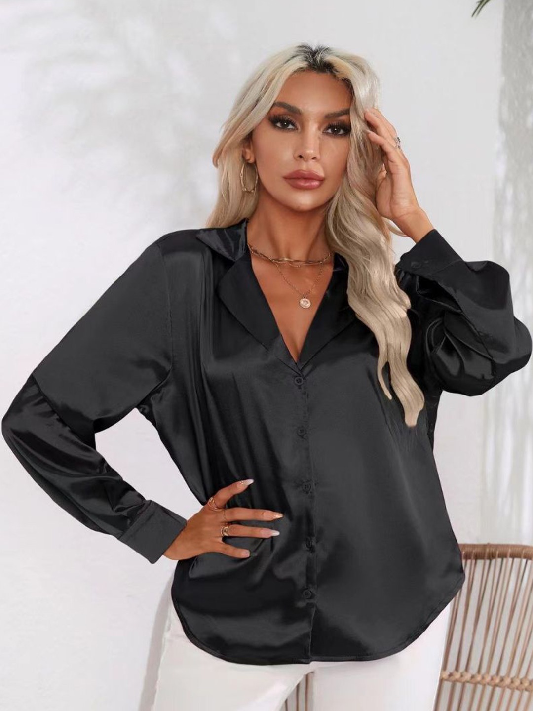 

StyleCast Women Satin Opaque Long Sleeves Casual Shirt, Black
