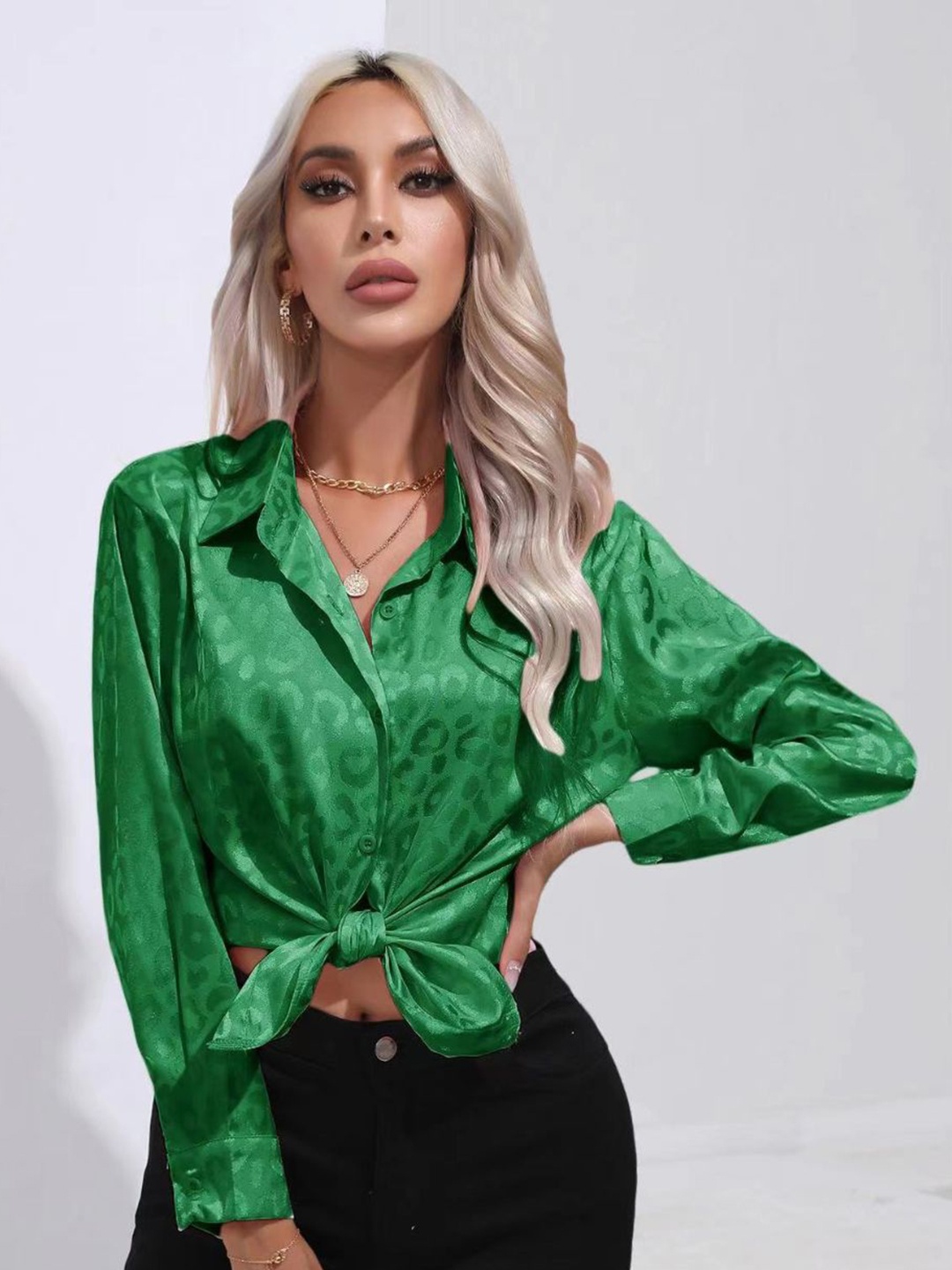 

StyleCast Women Satin Opaque Long Sleeves Casual Shirt, Green