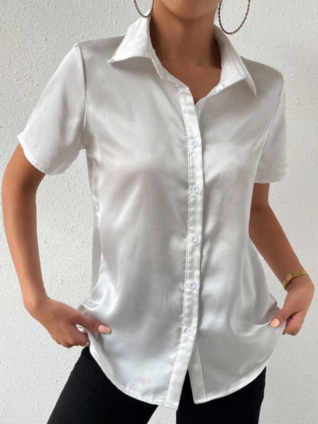 

StyleCast Women Solid Satin Short Sleeves Opaque Casual Shirt, Silver
