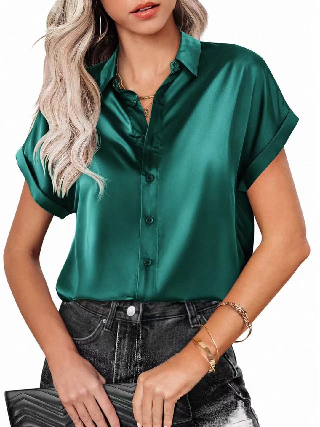 

StyleCast Women Solid Satin Short Sleeves Opaque Casual Shirt, Green