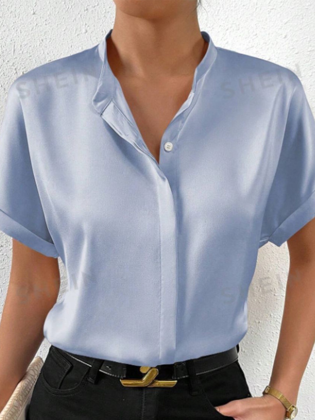 

StyleCast Women Solid Satin Short Sleeves Opaque Casual Shirt, Blue