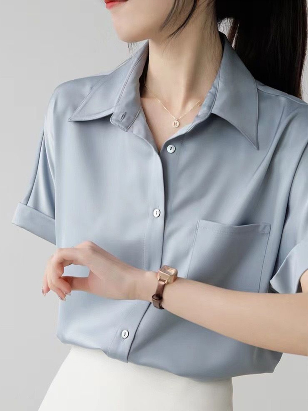 

StyleCast Women Solid Satin Short Sleeves Opaque Casual Shirt, Blue