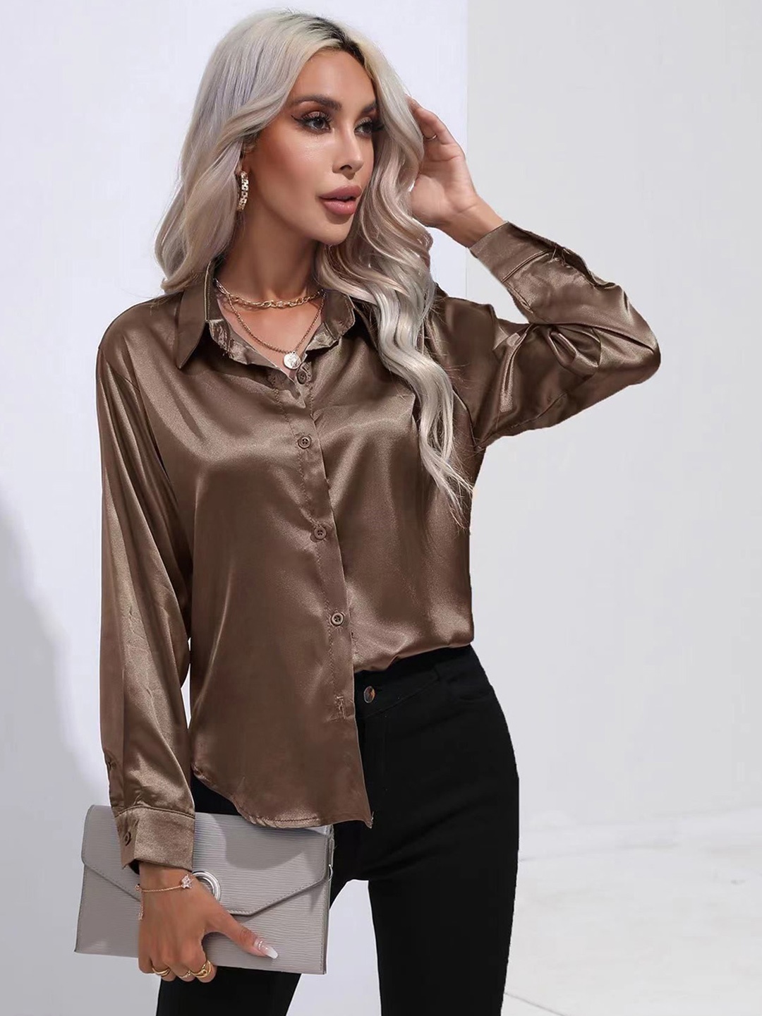 

StyleCast Women Solid Satin Opaque Casual Shirt, Brown