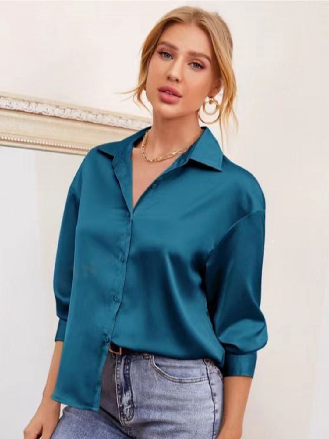 

StyleCast Women Solid Satin Opaque Casual Shirt, Blue