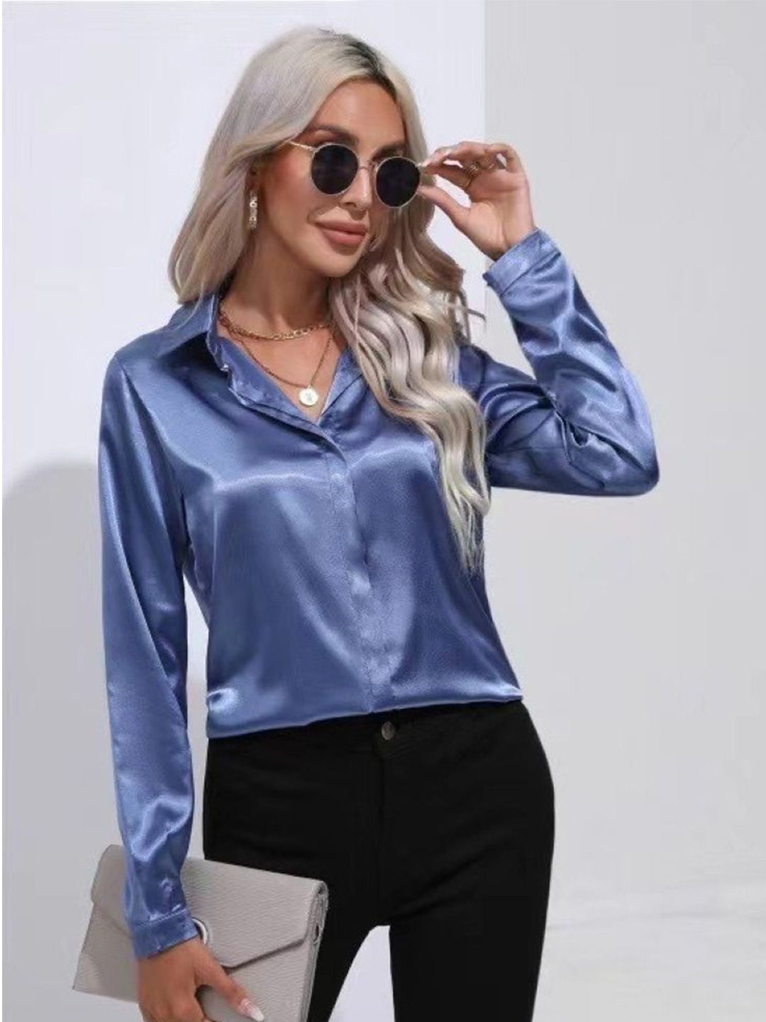 

StyleCast Women Solid Satin Opaque Casual Shirt, Blue