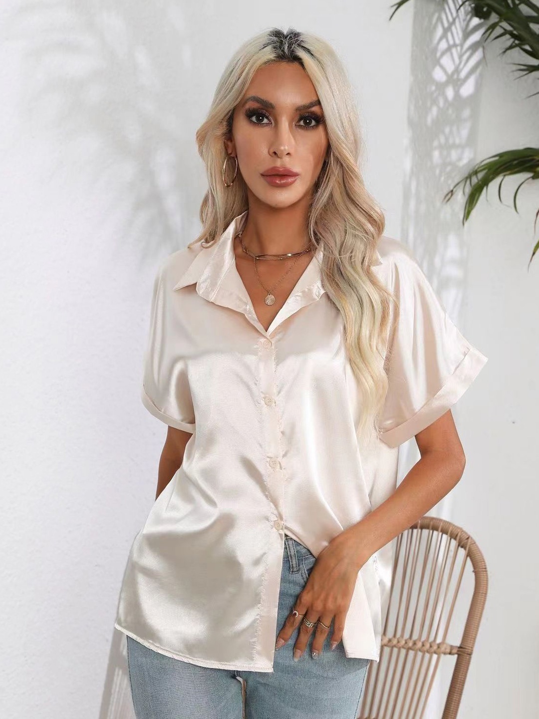 

StyleCast Women Solid Satin Short Sleeves Opaque Casual Shirt, Cream