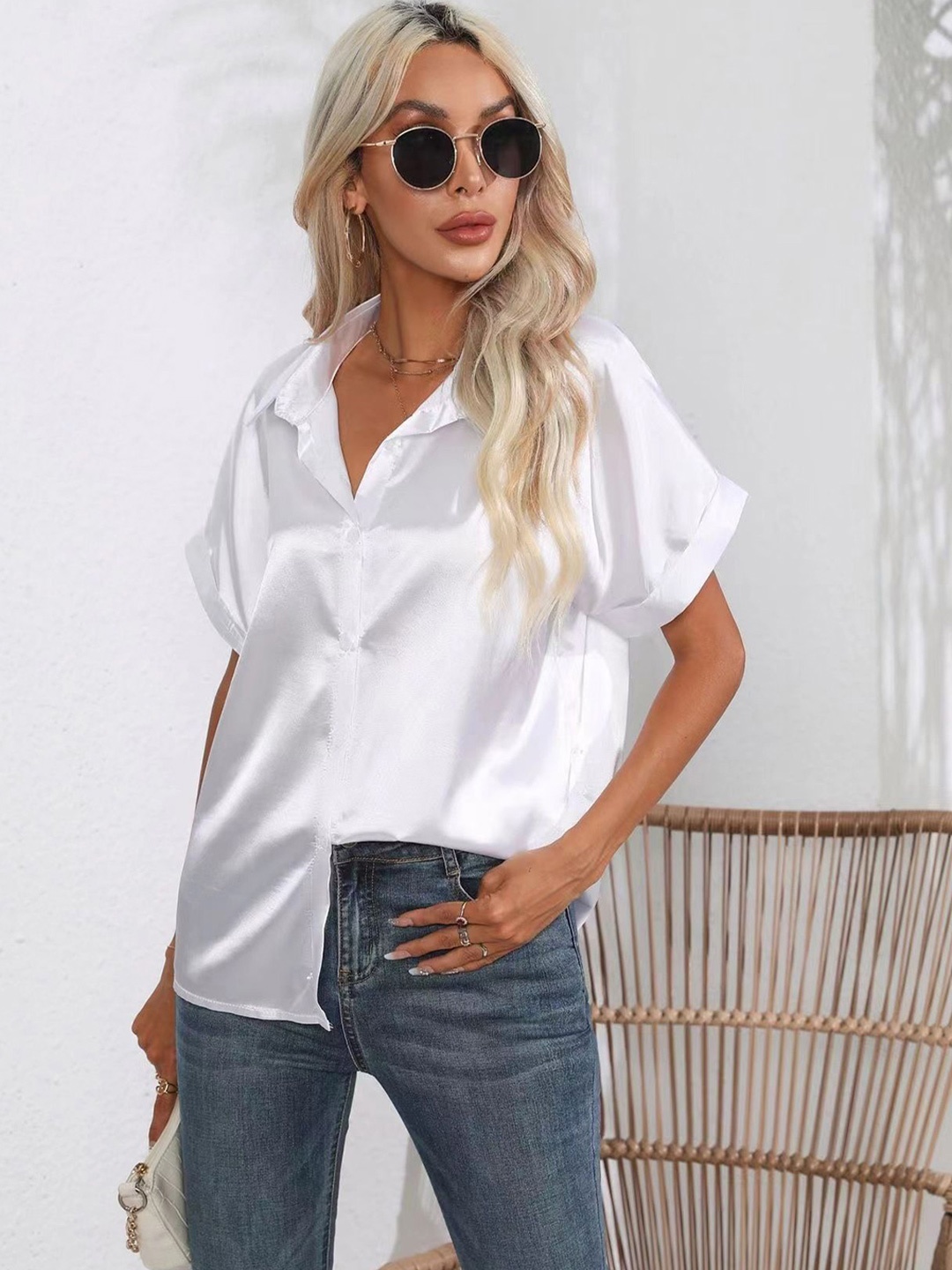 

StyleCast Women Solid Satin Short Sleeves Opaque Casual Shirt, White