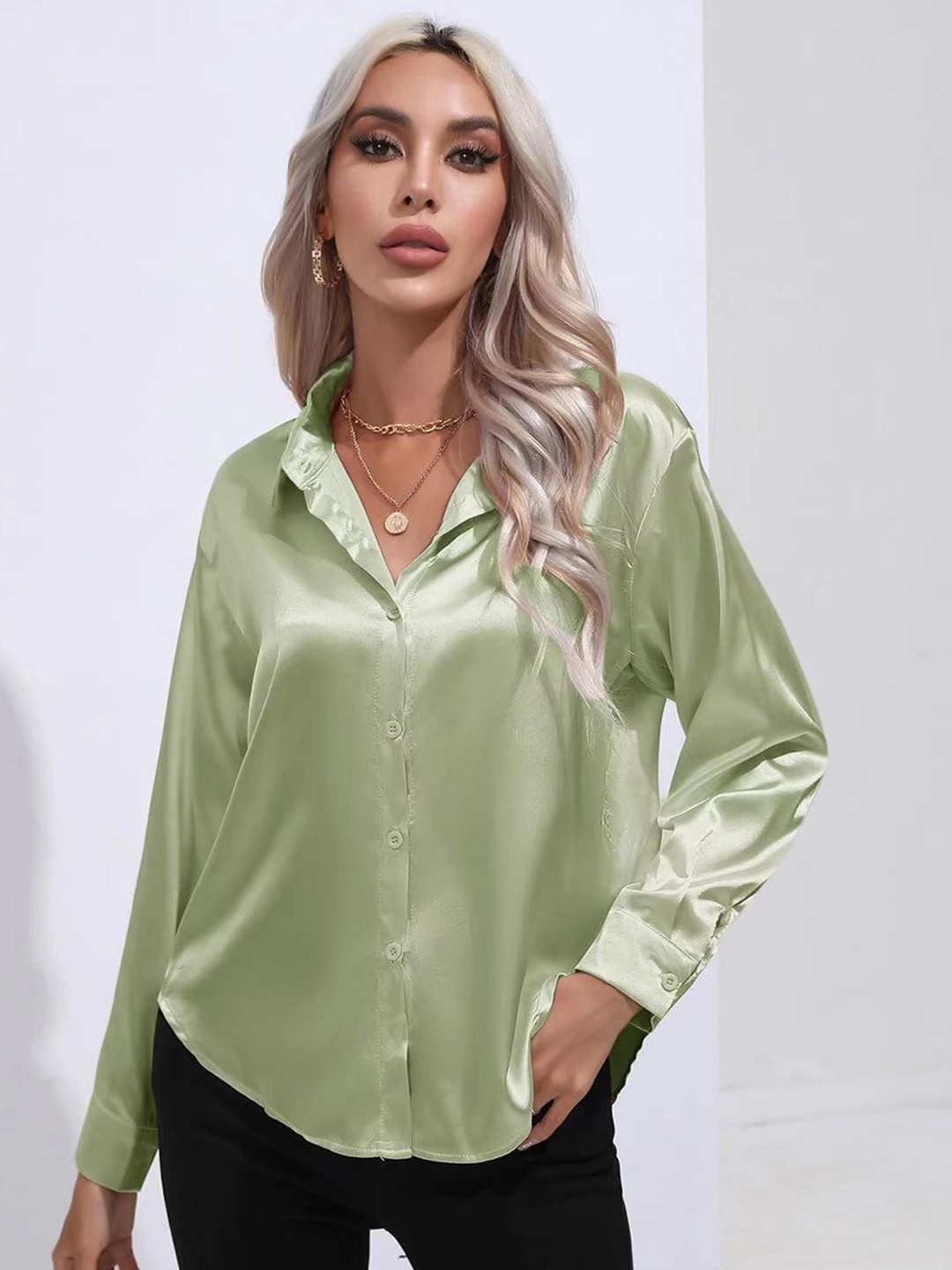 

StyleCast Women Solid Satin Opaque Casual Shirt, Green