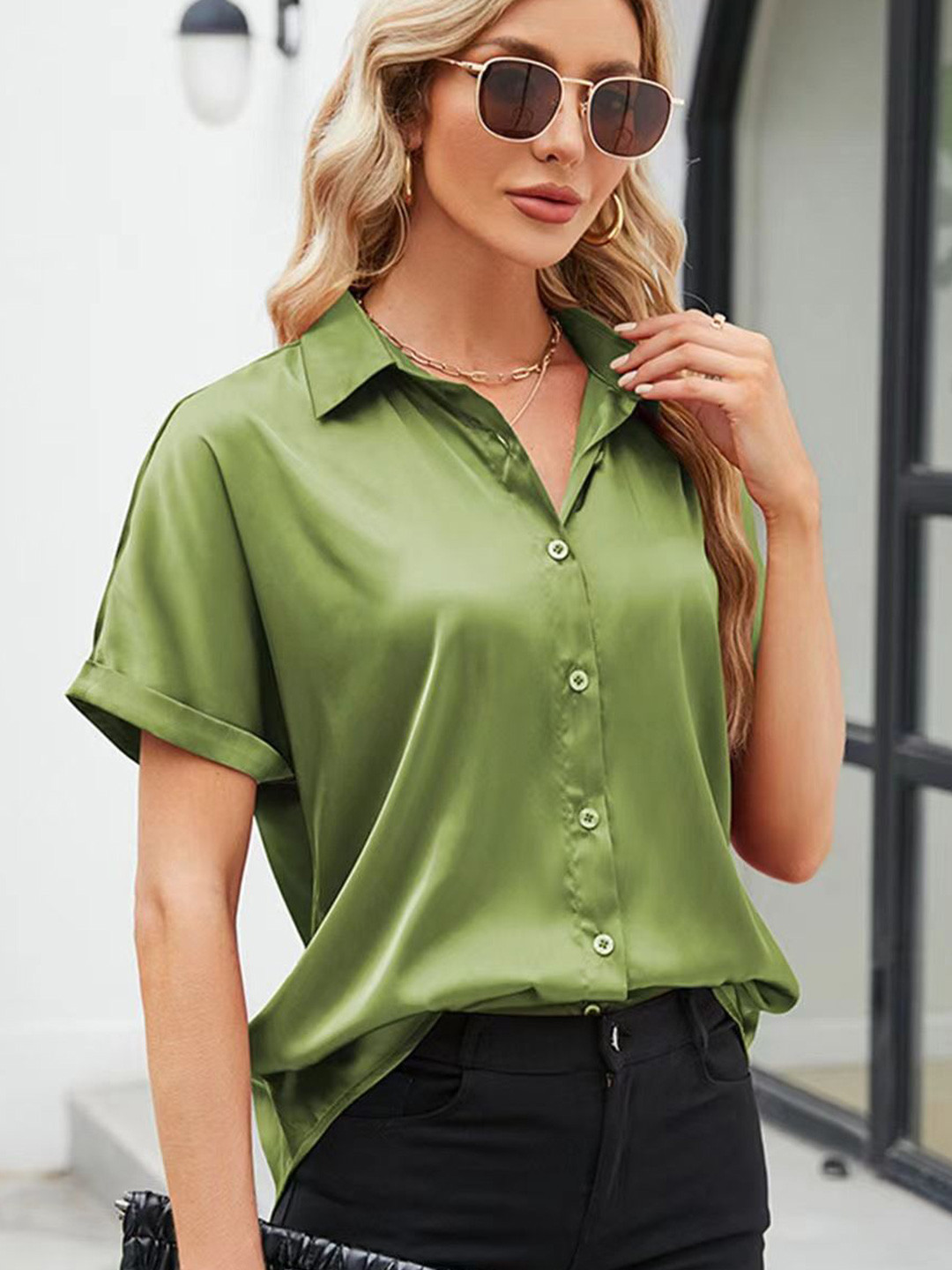 

StyleCast Women Solid Opaque Casual Shirt, Green