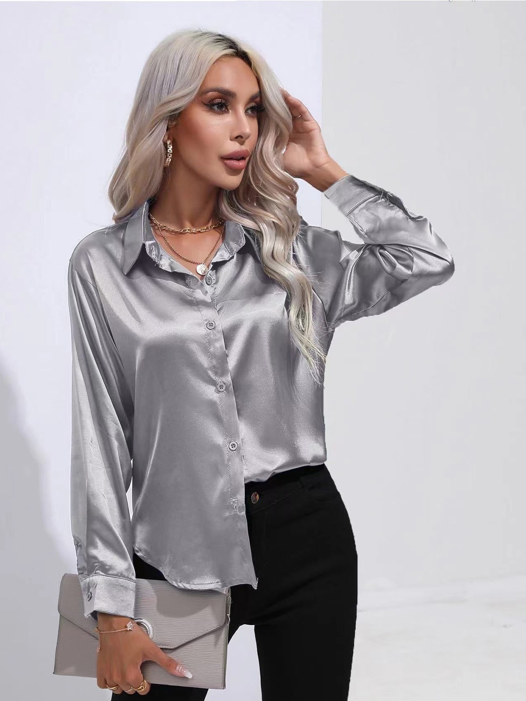 

StyleCast Women Solid Opaque Casual Shirt, Grey