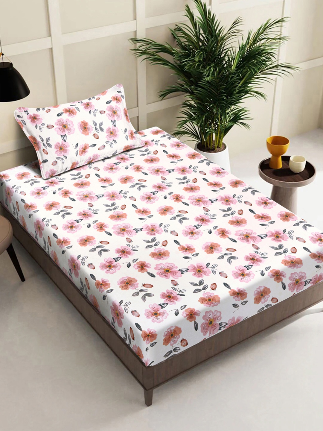 

FABINALIV White & Pink Floral Printed 300 TC Single Bedsheet With 1 Pillow Cover