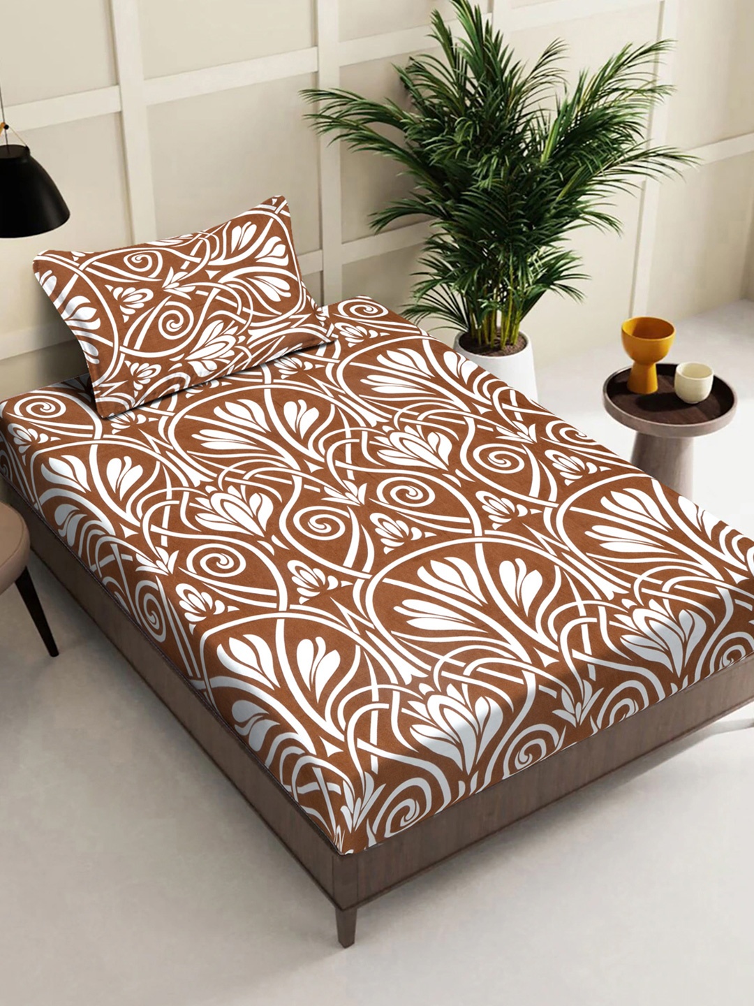 

FABINALIV Brown & White Floral Printed 300 TC Single Bedsheet With 1 Pillow Cover