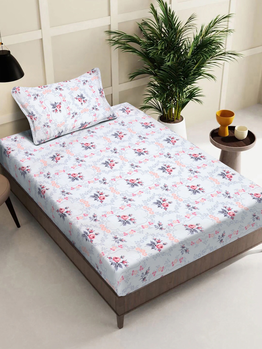 

FABINALIV White & Grey Floral Printed 300 TC Single Bedsheet With 1 Pillow Cover