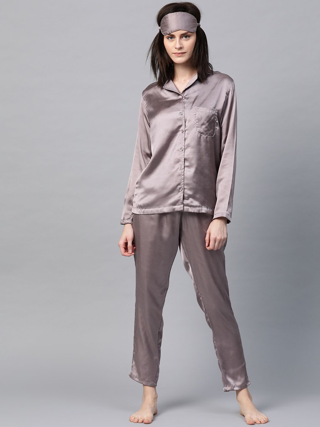 

DRAPE IN VOGUE Lapel Collar Satin Night suit, Grey