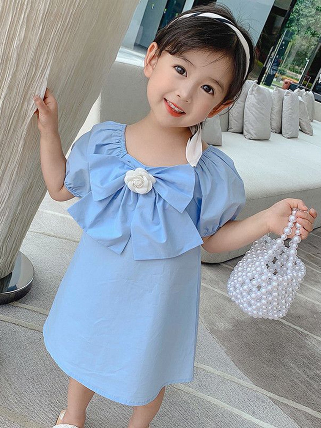 

StyleCast x Revolte Bow detail Puff Sleeves A-Line Dress, Blue