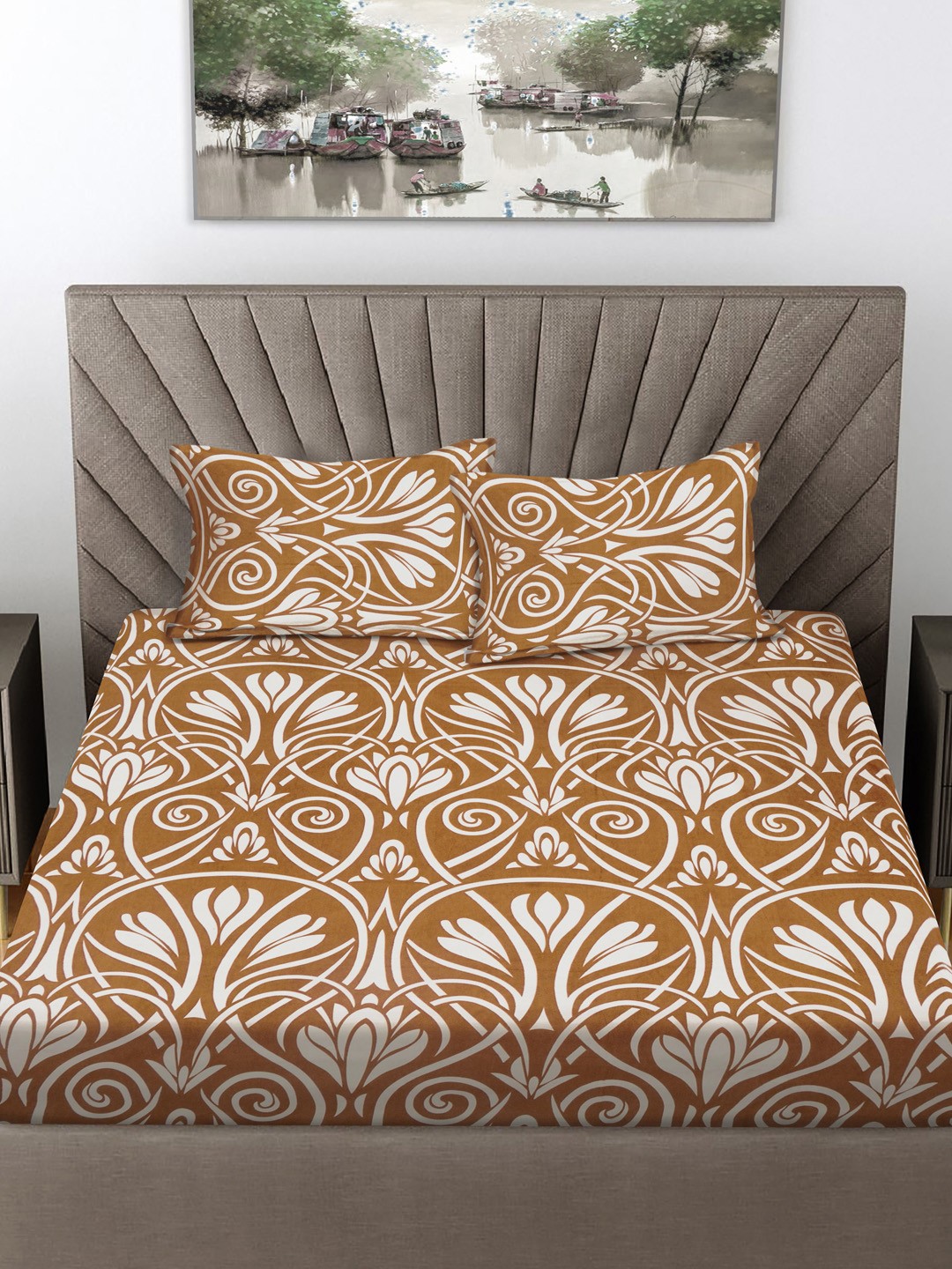 

FABINALIV Brown & Cream Coloured Printed 300 TC Double King Bedsheet With 2 Pillow Covers
