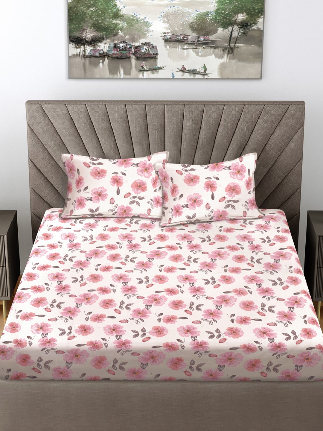 

FABINALIV White & Pink Floral Printed 300 TC Double King Bedsheet With 2 Pillow Covers