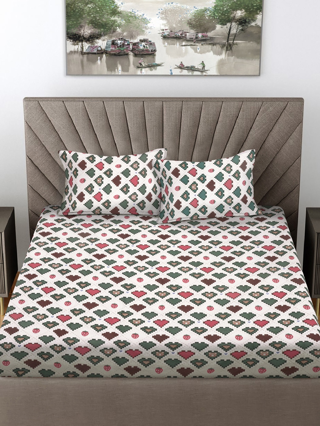 

FABINALIV White & Green Cartoon Printed 300 TC King Bedsheet with 2 Pillow Covers