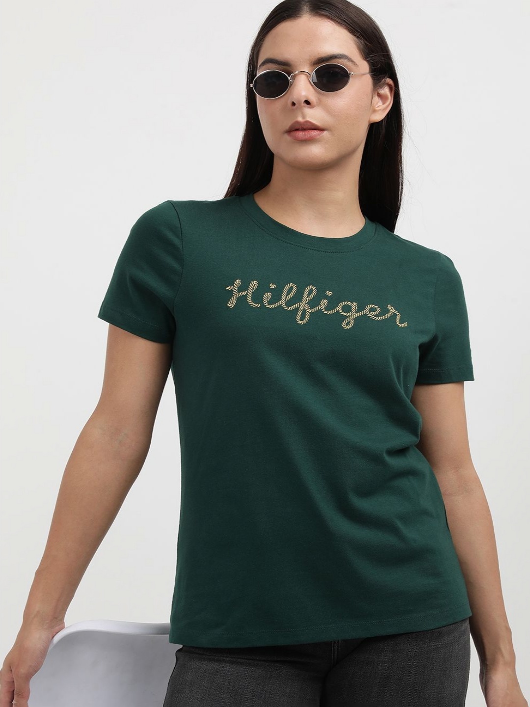 

Tommy Hilfiger Women Typography Printed Round Neck Cotton T-shirt, Green
