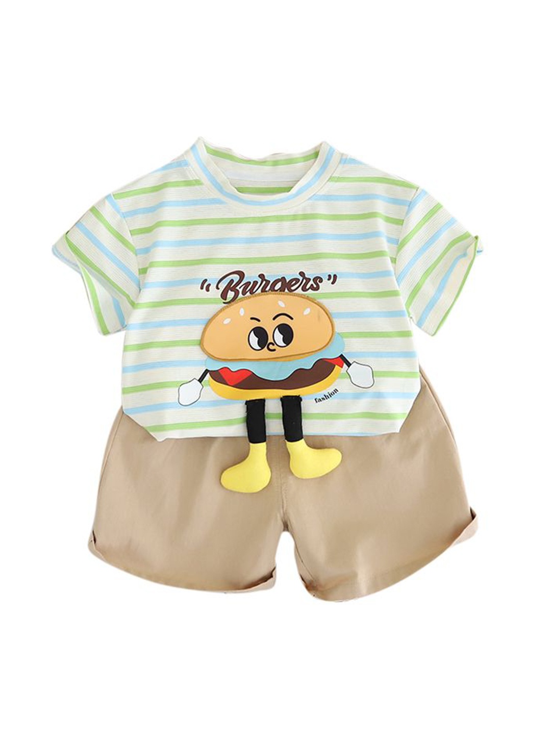 

StyleCast x Revolte Boys Green & Beige Striped T-shirt with Shorts