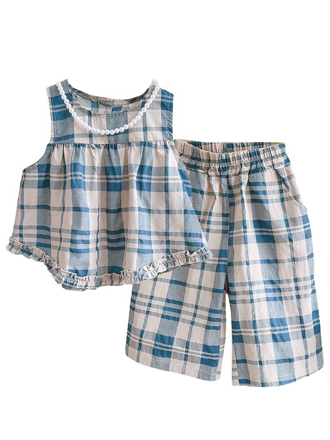

StyleCast x Revolte Girls Checked Sleeveless Pure Cotton Top With Trousers, Blue