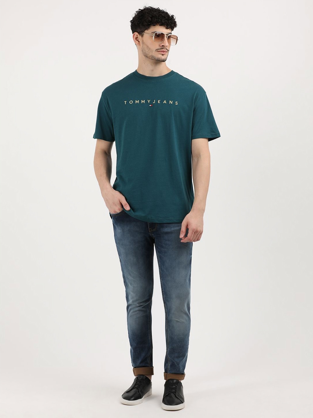 

Tommy Hilfiger Men Typography Printed Round Neck Cotton T-shirt, Teal