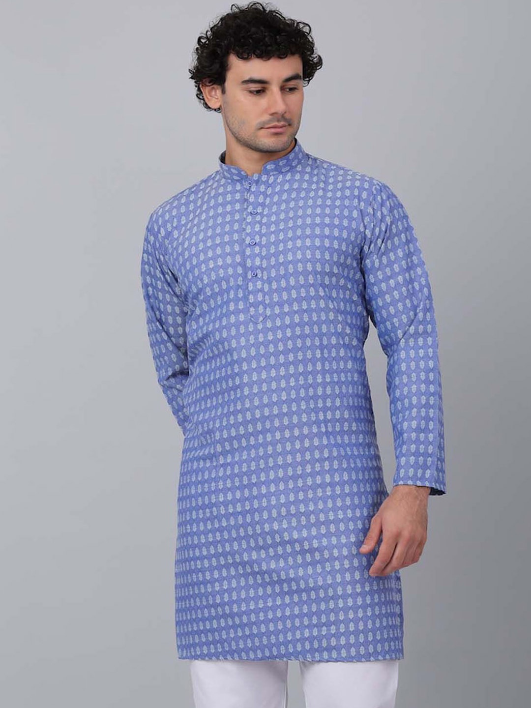 

KRAFT INDIA Geometric Woven Design Mandarin Collar Pure Cotton Straight Kurta, Blue