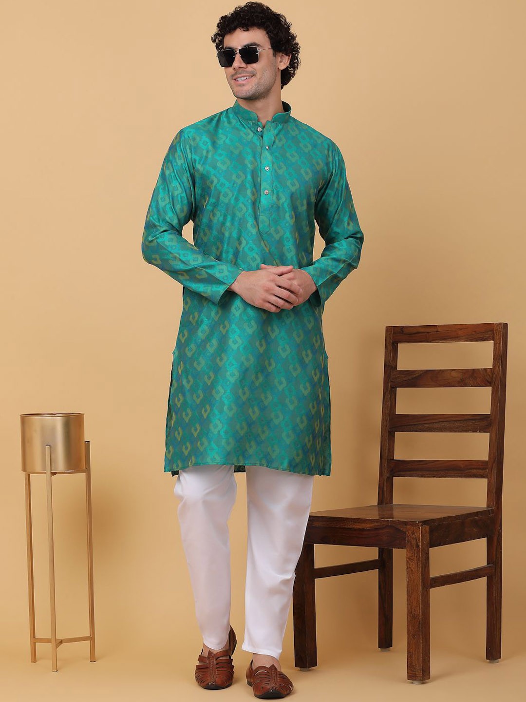 

KRAFT INDIA Abstract Woven Design Mandarin Collar Jacquard Weave Straight Kurta, Green