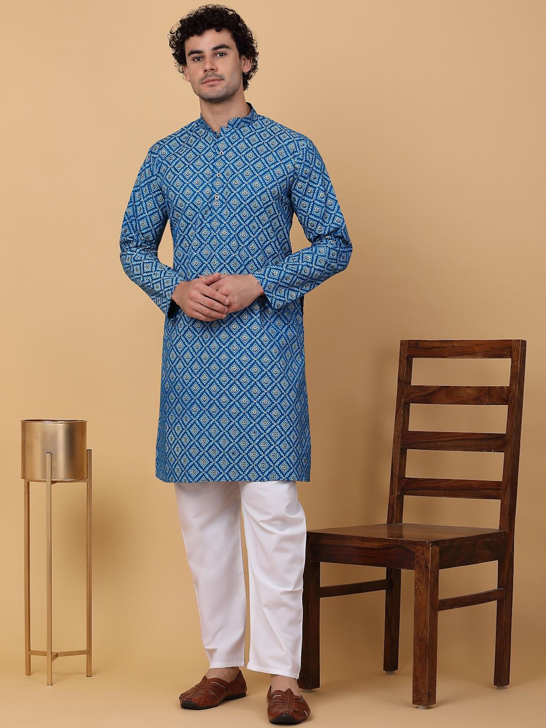 

KRAFT INDIA Ethnic Motifs Printed Mandarin Collar Cotton Straight Kurta, Blue