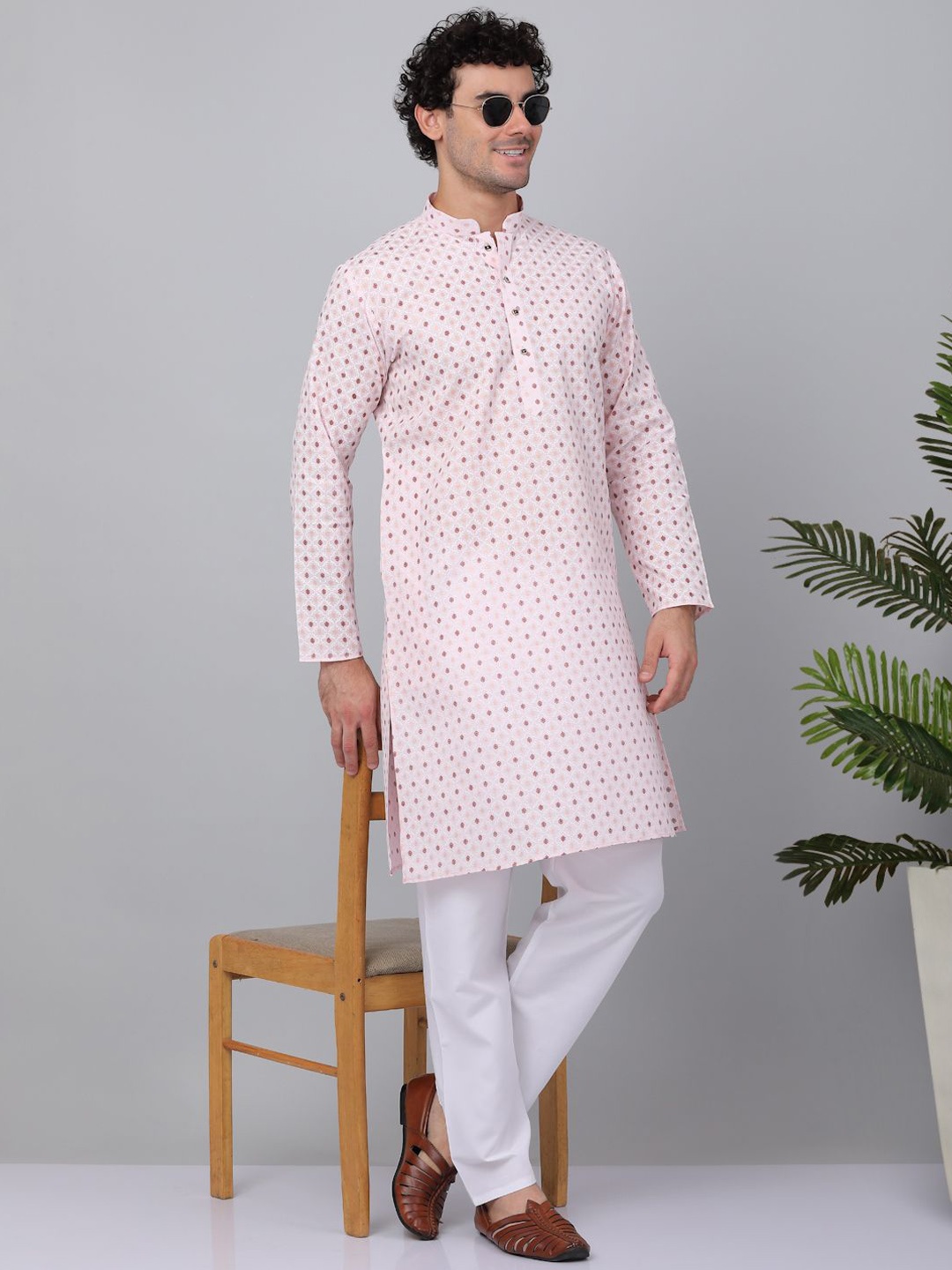 

KRAFT INDIA Floral Printed Mandarin Collar Cotton Straight Kurta, Pink