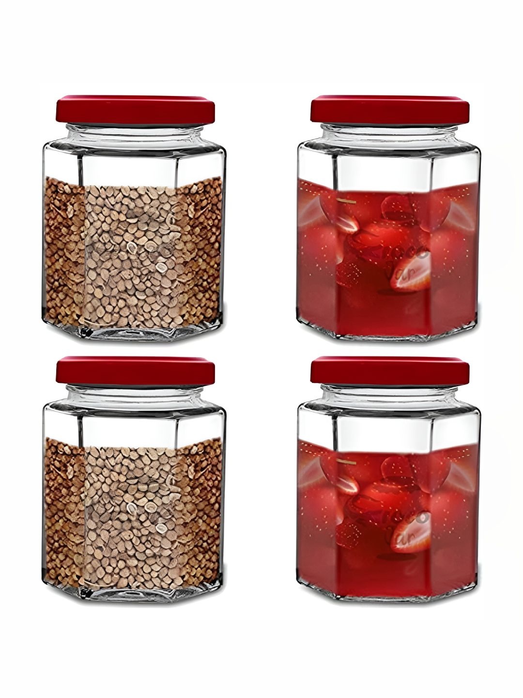 

tyche enterprises Transparent & Red 4 Pieces Storage Glass Containers 250ml Each