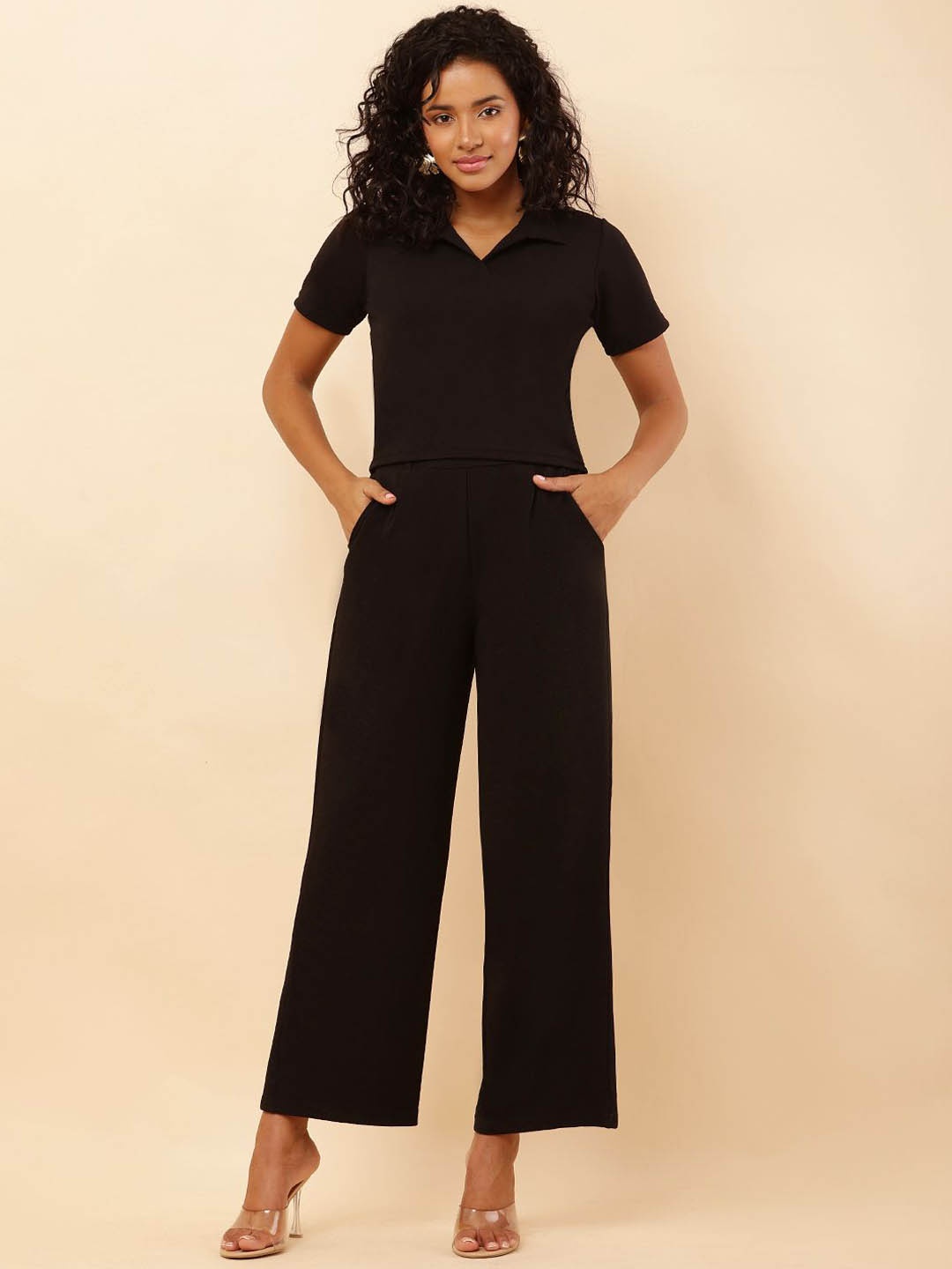 

SQew Polo Collar Top With Trousers, Black