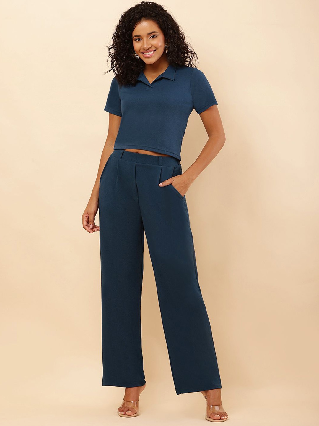 

SQew Polo Collar Short Sleeves Top With Trousers, Teal