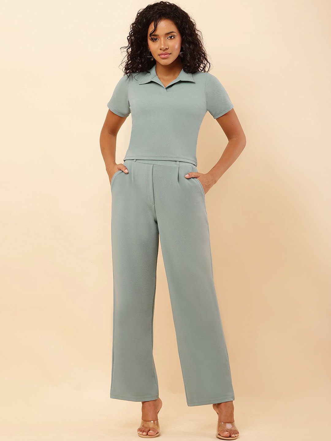 

SQew Polo Collar Short Sleeves Top With Trousers, Green