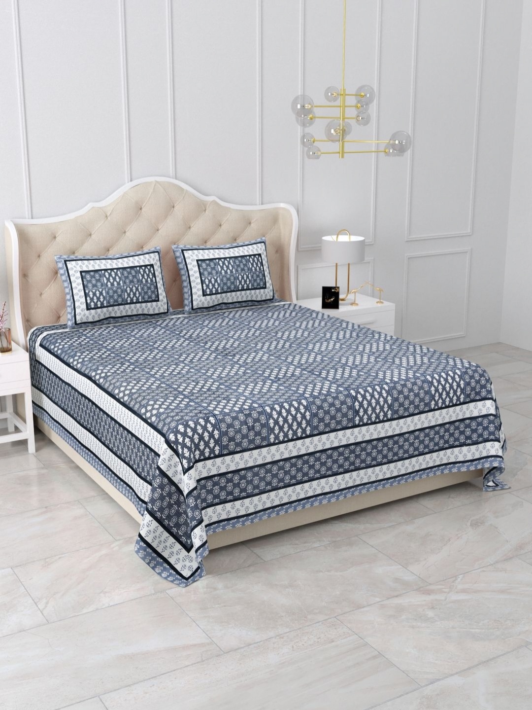 

Qfab Blue & White Geometric Printed 300 TC Cotton King Bedsheet with 2 Pillow Covers