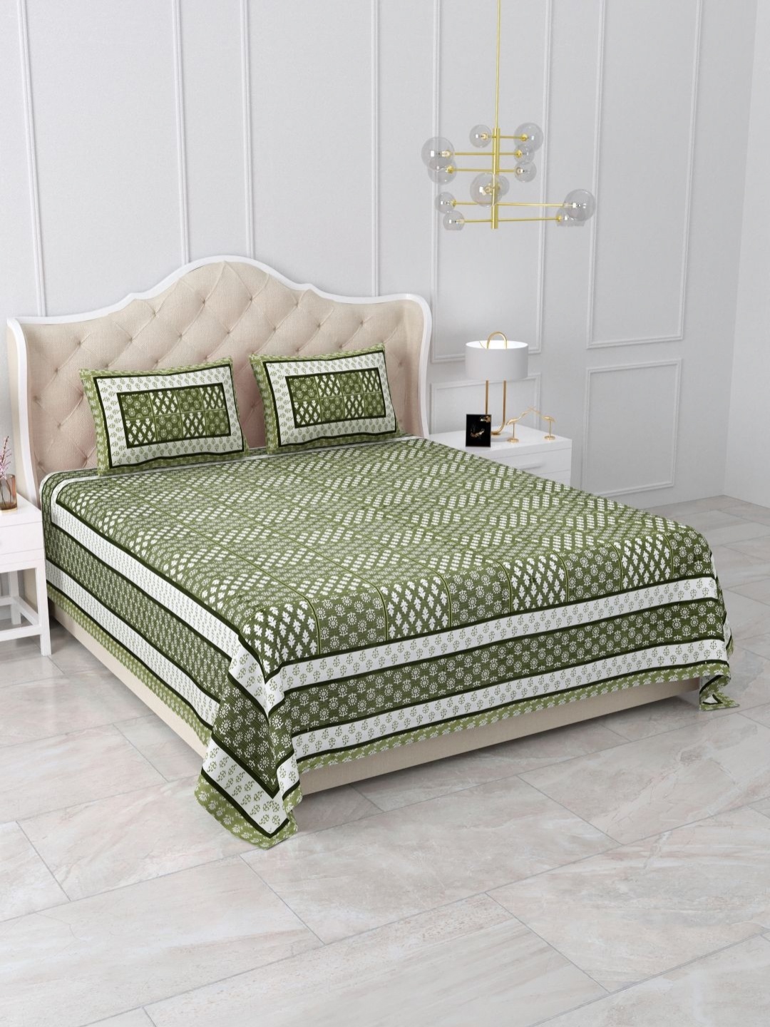 Qfab Green Geometric Cotton 300 TC King Bedsheet with 2 Pillow Covers