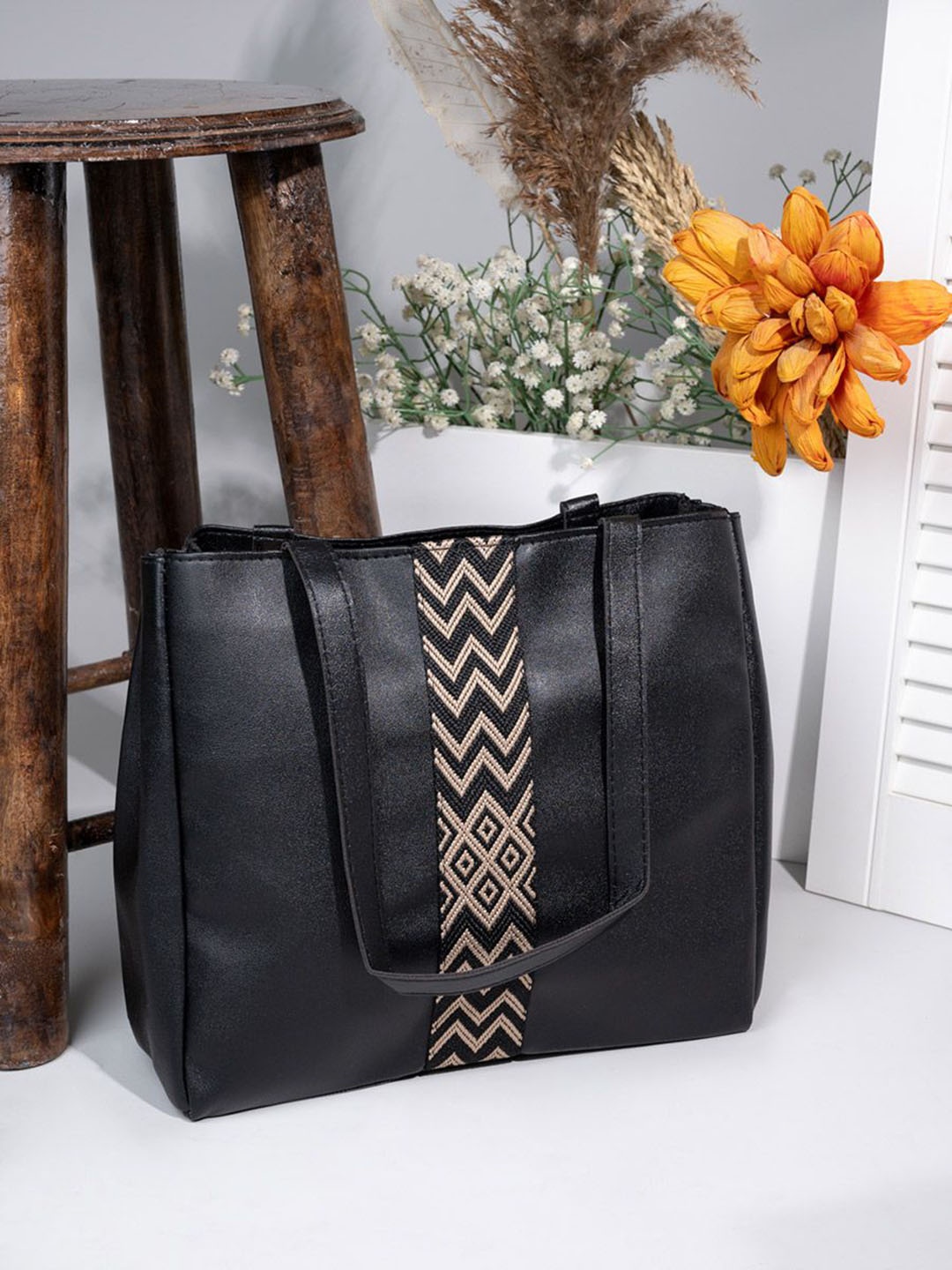 

Styli Aztec Printed Panel Structured Tote Bag, Black